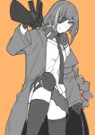  1girl assault_rifle asymmetrical_legwear braid eyepatch feet_out_of_frame girls&#039;_frontline gloves greyscale_with_colored_background gun highres holding holding_gun holding_weapon jacket knee_pads m16a1 m16a1_(girls&#039;_frontline) monochrome nakiusagi necktie orange_background orange_eyes over_shoulder rifle scar scar_on_face simple_background smile solo spot_color weapon weapon_over_shoulder 