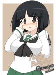  1girl black_hair blush breasts brown_eyes dated girls_und_panzer gotou_moyoko happy_birthday highres ichinose_jun large_breasts looking_at_viewer ooarai_school_uniform open_mouth school_uniform short_hair simple_background solo upper_body 