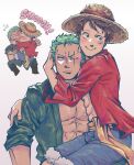  2boys abs bare_pectorals black_hair blush closed_mouth couple english_text green_hair hat highres kiss male_focus migiball monkey_d._luffy multiple_boys muscular muscular_male one_eye_closed one_piece open_clothes pectorals roronoa_zoro sash scar scar_across_eye scar_on_cheek scar_on_chest scar_on_face shirt short_hair shorts sideburns sitting sitting_on_lap sitting_on_person smile straw_hat surprised toned toned_male white_background yaoi yellow_sash 