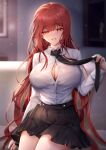  1girl absurdres alternate_costume been black_necktie breasts cleavage couch elesis_(elsword) elsword half-closed_eyes hand_up highres holding_necktie large_breasts long_hair necktie parted_lips partially_unbuttoned pleated_skirt red_eyes red_hair sitting skirt solo very_long_hair 