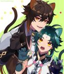  2boys absurdres animal_ears arm_tattoo bead_necklace beads black_gloves brown_hair brown_tail cat_ears cat_tail facial_mark forehead_mark genshin_impact gloves gradient_hair green_hair hair_between_eyes highres jewelry kh66gs long_hair long_sleeves male_focus multicolored_hair multiple_boys necklace simple_background tail tattoo xiao_(genshin_impact) yellow_eyes zhongli_(genshin_impact) 