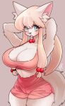  absurd_res accessory anthro big_breasts blonde_hair blue_eyes blush bottomwear breasts canid canine canis cleavage clothed clothing digital_media_(artwork) eyelashes female fullpillow_(artist) fur hair hair_accessory hair_tie hi_res hotpants huge_breasts inner_ear_fluff long_hair looking_at_viewer mammal object_in_mouth pink_bottomwear pink_clothing pink_shorts pink_topwear shorts simple_background solo tail topwear tuft white_body white_fur wolf 
