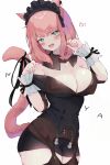  1girl animal_ears bare_shoulders blush breasts cat cat_ears cat_tail cleavage cowboy_shot curvy fang final_fantasy final_fantasy_xiv garter_straps green_eyes highres large_breasts long_hair miqo&#039;te off-shoulder_shirt off_shoulder open_mouth paw_pose pink_hair plump shhilee shirt simple_background smile tail thighs white_background 