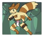  anthro armor brown_body brown_fur buckle clothed clothing deer_in_a_onesie_(artist) diaper fluffy fluffy_tail forest forest_background fur furo_the_furret_(character) furret gauntlets generation_2_pokemon gloves handwear head_tuft hi_res lock_symbol magic magical_lock male nature nature_background navel nintendo pathfinder plant pokemon pokemon_(species) rogue running slim solo sparkles tail tan_body tan_fur thigh_pouch tree tuft weapon_sheath wearing_diaper 