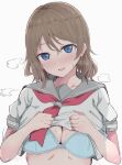  1girl absurdres blue_bra blue_eyes blush bra breasts brown_hair cleavage clothes_lift commentary_request grey_sailor_collar hair_between_eyes hands_up head_tilt highres large_breasts lifted_by_self looking_at_viewer love_live! love_live!_sunshine!! motion_lines neckerchief parted_lips red_neckerchief sailor_collar school_uniform serafuku shirt shirt_lift short_hair short_sleeves simple_background smile solo sweat underwear upper_body uranohoshi_school_uniform watanabe_you wewe white_background white_shirt 
