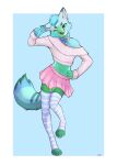  2022 anthro bell bell_collar blep blue_background blue_body blue_fur canid canine clothed clothing collar ddgio digital_media_(artwork) dipstick_ears fox fur gesture girly green_body green_fur head_tuft hi_res legwear looking_at_viewer male mammal midriff multicolored_ears navel one_eye_closed simple_background solo thigh_highs tongue tongue_out tuft v_sign wink 