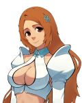  1girl bleach bleach:_the_thousand-year_blood_war breasts brown_eyes brown_hair cleavage cleavage_cutout closed_mouth clothing_cutout collared_shirt cropped_shirt detached_sleeves hair_ornament hairpin head_tilt highres inoue_orihime large_breasts long_hair looking_at_viewer parted_bangs reisonant shirt sleeveless sleeveless_shirt smile solo striped striped_shirt upper_body vertical-striped_shirt vertical_stripes white_background white_shirt white_sleeves 