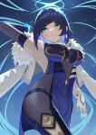  1girl absurdres asymmetrical_gloves blue_hair bracelet breasts coat commentary dark_blue_hair elbow_gloves fur_collar genshin_impact gloves highres jewelry large_breasts looking_at_viewer neko_hiiragi parted_lips short_hair smile solo white_coat white_gloves yelan_(genshin_impact) 