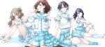  4girls absurdres ahoge aqua_eyes aqua_hair asakura_toru bare_shoulders black_hair blue_skirt boots brown_eyes brown_hair commentary_request earrings fukumaru_koito gradient_hair hair_bun hair_ornament hair_ribbon hairclip high_heels highres higuchi_madoka ichikawa_hinana idolmaster idolmaster_shiny_colors jewelry knee_boots knee_up knees_up long_hair looking_at_viewer mole mole_under_eye multicolored_hair multiple_girls noctchill_(idolmaster) on_floor parted_bangs ribbon short_hair single_side_bun sitting skirt swept_bangs thighhighs twintails two-tone_hair white_background yokozuwari yt_(63641217) 