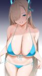  1girl absurdres arind_yudha asuna_(blue_archive) bare_shoulders bikini blue_archive blue_bikini blue_eyes blue_ribbon blush breasts cleavage collarbone grin hair_over_one_eye hair_ribbon halo highres large_breasts light_brown_hair long_hair looking_at_viewer mole mole_on_breast navel ribbon smile solo swimsuit thighs very_long_hair 