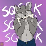  anthro black_nose canid canine canis claws clothed clothing eyes_closed foxenawolf fur gradient_background grey_body grey_fur male mammal navel simple_background solo squeaky_toy topless wolf 