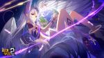  1girl alaya_(benghuai_xueyuan) barefoot benghuai_xueyuan copyright_name feathered_wings feathers halo highres honkai_(series) long_hair official_art planet purple_eyes tattoo white_hair wings 