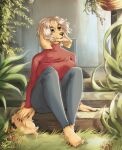  2020 anthro big_breasts bottomwear breasts brown_eyes canid canine canis clothed clothing domestic_dog eyeliner feet female fingers fur hair kemono makeup mammal mature_anthro mature_female minato_yukimura outside pants porch shadowsidemaster shoeless sitting sitting_on_steps solo sweater teacher toes topwear yellow_body yellow_fur 