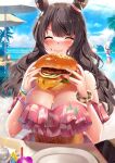  3girls beach beach_umbrella blue_sky bracelet breasts brown_hair burger cheese cleavage closed_mouth cloud day dress eating food highres holding holding_food horse_girl jewelry kawai_(purplrpouni) large_breasts lens_flare lettuce long_hair multiple_girls ocean official_alternate_costume outdoors pink_dress plate school_uniform sky solo solo_focus table tomato tosen_jordan_(aurore_vacances)_(umamusume) tosen_jordan_(umamusume) umamusume umbrella wavy_hair 