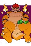  2023 andromorph anthro armband belly big_belly big_moobs border bowser bowser_day bracelet claws collar crossgender dildo eyebrows feet fire front_view genitals grey_border hair hi_res holding_dildo holding_object holding_sex_toy horn intersex jewelry koopa looking_at_viewer lying mario_bros moobs mta_crossgender mti_crossgender nintendo nipples non-mammal_nipples nude on_back one_eye_closed overweight overweight_andromorph overweight_anthro overweight_intersex purple_background pussy scalie seductive sex_toy shell simple_background smile smirk softsorbet soles solo spiked_armband spiked_bracelet spiked_collar spikes teeth text thick_thighs url wink 