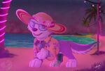  beach bottomless bottomless_female canid canine canis chocky25 clothed clothing collar domestic_dog emblem everest_(paw_patrol) eyewear female feral glasses hat headgear headwear hi_res husky looking_at_viewer mammal night nordic_sled_dog palm_tree paw_patrol plant seaside shirt solo spitz star topwear tree water 