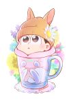  1boy :3 against_glass animal animalization beanie black_eyes black_hair blush clothed_animal cup cup_holder flower hat hat_flower highres hood hoodie in_container in_cup looking_up male_focus matsu_symbol matsuno_todomatsu mug osomatsu-san pink_hoodie rabbit triangle_mouth yumeno_haruka 