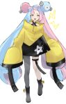  1girl :d absurdly_long_hair aqua_hair boots character_hair_ornament commentary_request full_body grey_footwear grey_pantyhose hair_ornament highres iono_(pokemon) jacket knees lightning_bolt_symbol long_hair low-tied_long_hair multicolored_hair open_mouth pantyhose pink_hair pokemon pokemon_(game) pokemon_sv single_leg_pantyhose sleeves_past_fingers sleeves_past_wrists smile solo thigh_strap twintails two-tone_hair ukocome very_long_hair white_background yellow_jacket 