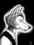  2023 anthro beastars canid canine canis clothed clothing fur half-closed_eyes half-length_portrait hi_res legoshi_(beastars) male mammal mouth_closed narrowed_eyes necktie nikraccoom portrait shirt side_view signature solo topwear vest wolf 