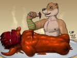  2011 amputee anthro bear brown_body brown_fur cooking_with_furs cutlery digital_drawing_(artwork) digital_media_(artwork) disability duo eating felixpath_(artist) fork frown fur furx_(artist) furx_(character) gore green_body green_fur happy jamie_(otterakajamie) kitchen_utensils lizard lying male mammal missing_arm missing_leg nipples on_back penectomy penis_in_mouth plate red_body red_skin reptile scalie severed_penis signature simple_background smile tan_background tan_body tan_fur text tools wounded 