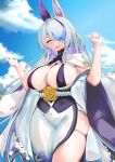  1girl absurdres animal_ears asymmetrical_bangs azur_lane blue_sky breast_curtains breasts butterfly_over_eye chinese_commentary closed_eyes colored_inner_hair commentary_request curvy ear_covers facing_viewer grey_hair hair_over_one_eye hands_up highres huge_breasts jacket jacket_on_shoulders japanese_clothes kimono large_breasts long_hair minuo_songshu multicolored_hair obi off_shoulder open_mouth purple_hair rabbit_ears sakuramon sash side_slit single_ear_cover skindentation sky sling_bikini_top solo streaked_hair thick_thighs thigh_strap thighs underbust unzen_(azur_lane) very_long_hair w_arms white_jacket white_kimono wide_sleeves 