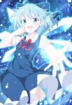  1girl :d absurdres ahoge aqua_eyes aqua_hair blue_background blue_bow blue_dress blush bow cirno collared_shirt cowboy_shot do_(4-rt) dress glowing hair_bow hands_up highres ice ice_wings leg_up light_blush looking_at_viewer messy_hair neck_ribbon open_mouth outstretched_arm puffy_short_sleeves puffy_sleeves red_ribbon ribbon shirt short_hair short_sleeves simple_background smile solo teeth toes tongue touhou upper_teeth_only white_shirt wings 