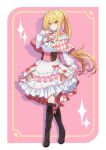  absurdres ankimo_(nirudo) blonde_hair boots corset cross-laced_footwear dress hairband highres idolmaster idolmaster_cinderella_girls kurosaki_chitose lace-up_boots long_hair pink_dress ponytail red_eyes ribbon 