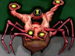  arachnid arthropod ben_10 ben_tennyson brown_hair cartoon_network flesh_creature green_background green_eyes hair horror_(theme) light_body light_skin looking_at_viewer male monster nightmare_fuel no_horny open_mouth sharp_teeth simple_background solo teeth unknown_artist why 