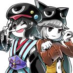  2others androgynous black_eyes black_headwear black_kimono black_sleeves brown_sweater closed_mouth colored_skin commentary_request cropped_sweater grey_hair hat hemo_(hemoroda) japanese_clothes kimono len&#039;en long_sleeves multiple_others navel one_eye_closed open_mouth other_focus paw_pose rei_(len&#039;en) ribbed_sweater short_hair simple_background sleeveless sleeveless_kimono smile sweater white_background white_skin zelo_(len&#039;en) 