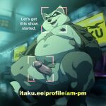  1:1 2023 anthro balls belly big_belly bodily_fluids english_text erection genital_fluids genitals hi_res male mammal moobs nipples overweight overweight_male penis precum procyonid raccoon solo spacedog text 