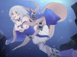  1girl absurdres bare_shoulders blue_dress breasts breasts_out dress duel_monster full_body grey_hair highres masaki_(yuuuunno) octopus rock short_hair skirt sleeves_past_wrists solo swimming tearlaments_merrli tentacle_grab tentacle_in_mouth thighhighs torn_clothes underwater white_skirt white_thighhighs yu-gi-oh! 