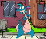  animated anthro blue_body capcom disney dragon fan_character female fight grass kick plant punch recording rocca_the_dragon roksim solo street_fighter tail teeth trash_can window 