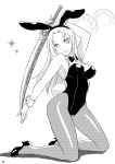  1girl alternate_costume animal_ears breasts closed_mouth fredegund full_body gensou_suikoden gensou_suikoden_tierkreis greyscale high_heels highres leotard long_hair looking_at_viewer monochrome pantyhose playboy_bunny rabbit_ears rabbit_tail simple_background solo strapless strapless_leotard tail white_background wrist_cuffs 