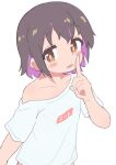  1girl aged_down alternate_hair_length alternate_hairstyle bare_arms black_hair blush_stickers brown_eyes colored_inner_hair hatafuta highres index_finger_raised looking_at_viewer multicolored_hair off_shoulder onii-chan_wa_oshimai! open_mouth oyama_mihari purple_hair shirt short_hair short_sleeves simple_background single_bare_shoulder solo t-shirt two-tone_hair upper_body white_background white_shirt 
