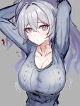  1girl ? arms_up breasts bronya_zaychik hair_between_eyes highres honkai_(series) honkai_impact_3rd large_breasts long_hair looking_at_viewer mini2chainz simple_background solo sweat sweater 