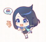  1girl :d black_hair black_shorts blush_stickers chibi commentary dotted_background full_body green_eyes green_jacket jacket leg_up liko_(pokemon) notice_lines open_clothes open_jacket open_mouth pokemon pokemon_(anime) pokemon_sv_(anime) shi_mohaji shirt shoes shorts signature smile socks solo spoken_object symbol-only_commentary white_shirt yellow_bag 