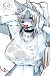  anthro big_breasts black_bra black_clothing black_nose black_underwear bra breasts canid canine canis chest_tuft choker clothing digital_media_(artwork) eyes_closed fangs female female_anthro fur grey_body grey_fur hair hi_res jewelry kemono long_hair looking_at_viewer mammal necklace okami_bark one_eye_closed ookamiwaho open_mouth ponytail purple_eyes shirt silver_bracelet simple_background smile solo standing tail teeth tongue tongue_out topwear translucent translucent_clothing tuft underwear wet wet_body wet_clothing wet_fur wet_hair wet_shirt wet_topwear white_body white_clothing white_fur white_hair white_shirt white_topwear wolf 