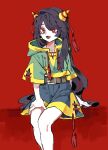  1girl absurdres adapted_costume belt black_hair black_shorts brown_belt fangs feet_out_of_frame green_hoodie highres hood hoodie horns long_hair nippaku_zanmu nunrb oni_horns open_mouth red_eyes short_sleeves shorts smile solo touhou unfinished_dream_of_all_living_ghost 