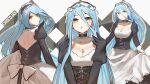  1girl alternate_costume apron azura_(fire_emblem) blue_hair blush breasts chocojax cleavage closed_mouth dress expressionless expressions fire_emblem fire_emblem_fates frilled_apron frills hair_between_eyes highres long_hair long_sleeves looking_at_viewer maid maid_apron medium_breasts multiple_views open_mouth simple_background smile solo veil very_long_hair waist_apron white_apron white_background yellow_eyes 