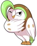  avian_feet beak brown_body brown_feathers dartrix doneru feathers feral generation_7_pokemon hi_res looking_at_viewer nintendo one_eye_closed pokemon pokemon_(species) simple_background solo talons white_background white_body white_feathers winged_arms wings wink winking_at_viewer 