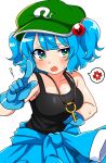  1girl anger_vein bare_arms bare_shoulders blue_hair blush breasts cleavage clothes_around_waist collarbone gloves green_headwear hair_bobbles hair_ornament hand_up hat highres ishiki_nuru kawashiro_nitori key looking_at_viewer open_mouth simple_background solo spoken_anger_vein sweat touhou uneven_eyes v v-shaped_eyebrows white_background 
