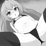  1girl aisaka_taiga bikini blush cameltoe commentary flat_chest greyscale long_hair looking_at_viewer micro_bikini mikoscrub monochrome navel open_mouth partially_visible_vulva solo spread_legs sweat swimsuit symbol-only_commentary thighhighs toradora! 