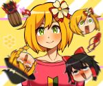  1jumangoku 4girls black_headwear blonde_hair blurry blurry_foreground blush bow braid brown_hair character_request clone closed_mouth collarbone commentary_request flower hair_bow hair_flower hair_ornament hair_tubes hakurei_reimu hat hat_bow head_only highres honeycomb_(object) indie_virtual_youtuber kirisame_marisa long_sleeves looking_at_viewer mario_(series) multiple_girls open_mouth pink_shirt pokemon pokemon_(creature) red_bow shirt short_hair single_braid smile solo_focus straight-on striped striped_background super_mushroom touhou upper_body virtual_youtuber white_bow white_flower wide-eyed witch_hat yellow_background 