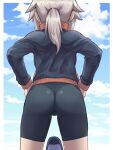  1girl 1other ass bike_shorts bird black_jacket black_shorts blonde_hair cloud from_behind hands_on_own_hips highres hijikata-san_(m.m) jacket koshirae_tsurugi long_hair m.m original outdoors penguin ponytail shorts sky thighs track_jacket 