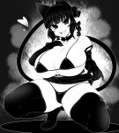  1girl animal_ears bikini blunt_bangs braid breasts cat_ears cat_girl cat_tail cleavage clothes_lift commentary_request curvy detached_collar elbow_gloves extra_ears gloves greyscale haseru_(ginku_mh) heart huge_breasts kaenbyou_rin lifted_by_self looking_at_viewer medium_hair micro_bikini monochrome multiple_tails nekomata open_mouth pointy_ears side_braids sidelocks smile solo squatting swimsuit tail thighhighs tongue tongue_out touhou twin_braids two_tails 