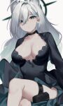  1girl absurdres ahoge animal_ear_fluff animal_ears black_choker black_dress blue_archive blue_eyes breasts choker cleavage closed_mouth crossed_legs dress expressionless grey_hair halo highres large_breasts long_hair long_sleeves looking_at_viewer mismatched_pupils shiroko_(blue_archive) shiroko_(terror)_(blue_archive) simple_background sitting solo thigh_strap very_long_hair wakamepiza white_background wolf_ears 