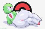  anthro anus balls big_balls big_butt big_penis blush blush_lines butt digital_media_(artwork) gardevoir generation_3_pokemon genitals green_body hi_res looking_at_viewer looking_back lying male melomor multicolored_body nintendo on_ground on_side penis pink_eyes pixel_(artwork) pok&eacute;ball_background pokeball pokemon pokemon_(species) simple_background solo thick_thighs two_tone_body white_background white_body 