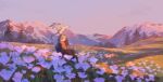  1other absurdres brown_hair fir_tree flower highres meadow mountainous_horizon nature original scarf scenery sitting sky small_dragon sumi_(pixiv619693) tree 