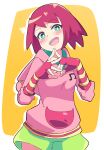  1girl absurdres blush buzzlyears gloves green_eyes green_shorts highres mega_man_(series) mega_man_star_force open_mouth purple_hair short_hair shorts solo sonia_strumm_(mega_man) striped striped_gloves yellow_background 