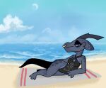  2020 anthro beach biped black_clothing black_eyes black_tail blue_body blue_ears blue_horn blue_scales blue_sclera breasts claws clothing cloud ear_markings eyelashes eyeshadow facial_piercing female grey_clothing horn kobold lying makeup markings moon multicolored_body multicolored_ears multicolored_scales nose_piercing nose_ring on_towel outside paws piercing ring_piercing sand scale_markings scales scalie seascape seaside sky solo squablodecomplash tail towel two_tone_body two_tone_ears two_tone_scales vex_(squablodecomplash) water 